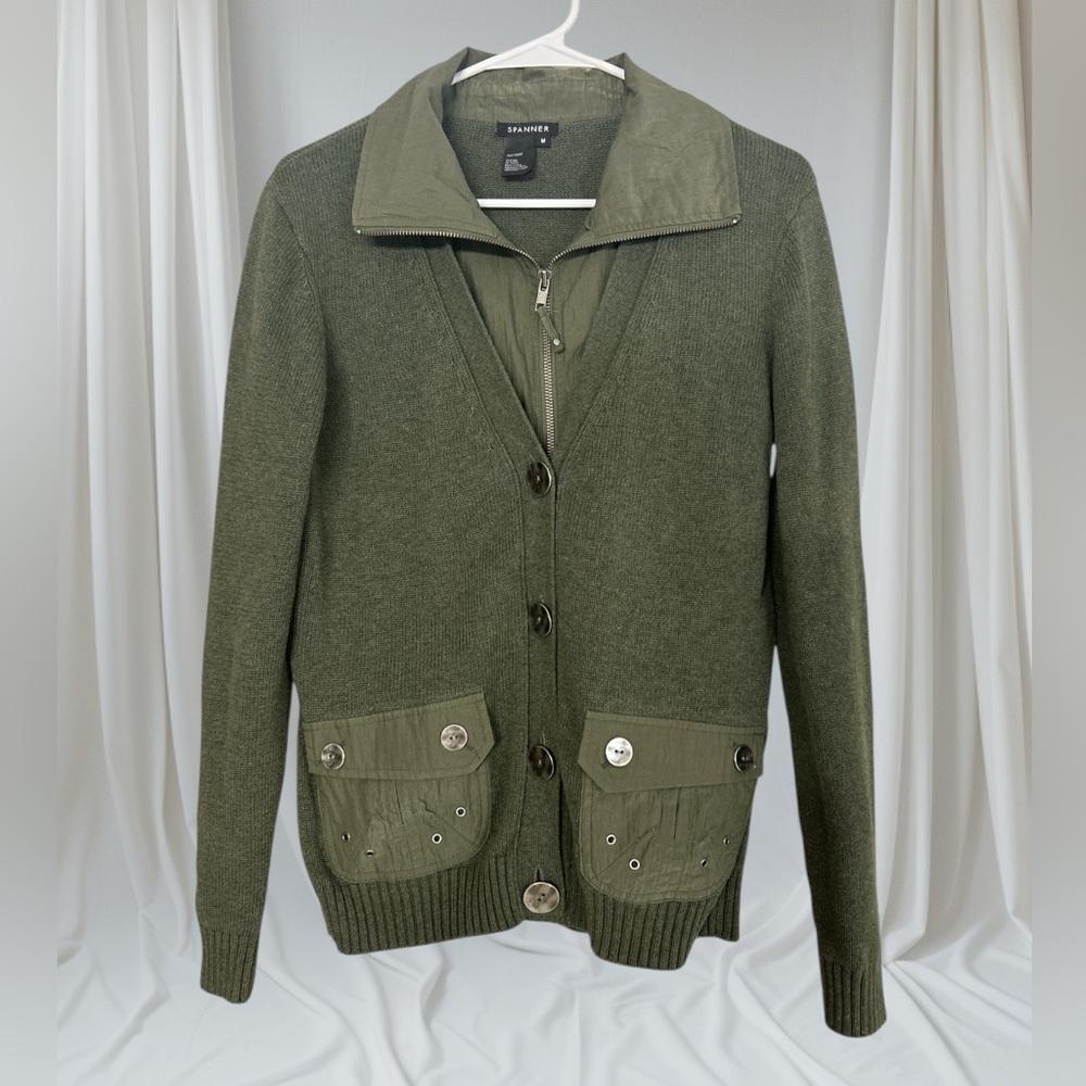 SPANNER Olive Green sweater Jacket with Button Accents